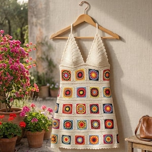 Könnte beinhalten: Ein ärmelloses Neckholder-Kleid aus cremefarbenem Häkelgarn. Das Oberteil und der Rock zeigen ein wiederkehrendes Muster aus bunten Granny-Squares in Rot, Gelb, Blau und Schwarz, das mit einem wellenförmigen Saum abgeschlossen ist.