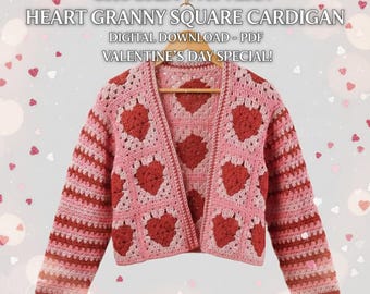 Patrón de crochet para un cárdigan de corazones, cárdigan de cuadrados granny, suéter de cuadrados granny, patrón de crochet para el Día de San Valentín (PDF)