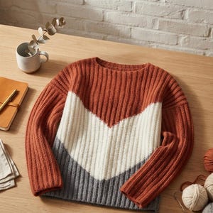 Könnte beinhalten: Ein langärmeliger Rippstrickpullover mit einem Chevron-Farbmuster in Rostorange, Creme und Anthrazitgrau. Der Pullover hat einen weiten Halsausschnitt und eine durchgehende vertikale Rippenstruktur im gesamten Kleidungsstück.