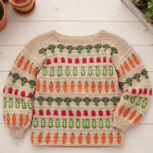 Crochet pattern for a vegetable sweater, digital PDF file for download, sizes XS to XL. Step-by-step instructions for a unique design.