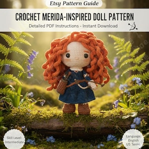 Könnte beinhalten: Gehäkelte Puppe, inspiriert von Merida, mit roten Locken, blauem Kleid und Pfeil und Bogen. Die Puppe steht auf einem moosigen Baumstamm mit Farnen und Blumen im Hintergrund. Der Text "CROCHET MERIDA-INSPIRED DOLL PATTERN" ist zu sehen.
