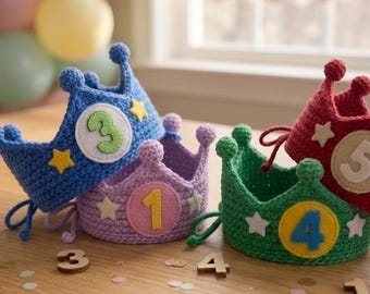 Corona de cumpleaños de ganchillo en PDF, corona de fiesta infantil de ganchillo, corona de números DIY, gorro de cumpleaños para bebé, corona reutilizable