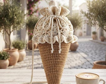 Patrón de ganchillo para bolso de helado: lindo bolso bandolera con cordón para postres y conos de helado, ideal para vacaciones de verano. Disponible en alemán e inglés (EE. UU.).