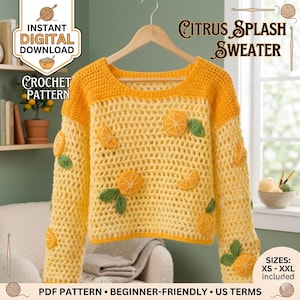 Sommer Netz Top Häkelanleitung, Obst Häkeljacke, Zitronen Pullover, PDF handgefertigter Strandpullover, Obst Patchwork