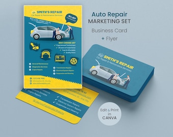 de Carte de visite et prospectus de réparation automobile | Kit marketing pour mécanicien automobile | Toile modifiable