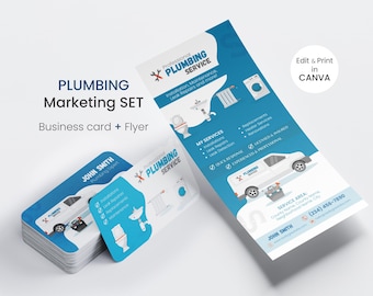 Sjabloon visitekaartjes en flyer loodgieter | Marketingset voor sanitair | Bewerkbaar canvas