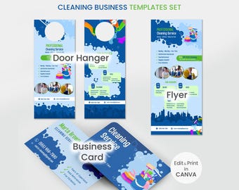 Bundel marketingsjablonen schoonmaakservice | Deurhanger canvas visitekaartje folder | Afdrukbare bedrijfssjabloon schoonmaak