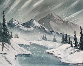 Winter Snow oil painting, My version of Bob Ross Season 1 Episode 12, oil on canvas painting, original art, happy trees