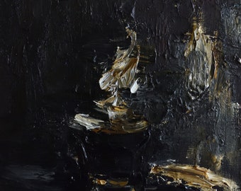 Candle, Small dark textured still life, Oil etude, Original oil painting