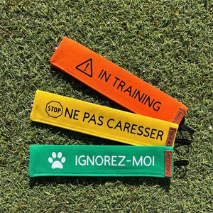 Könnte beinhalten: Drei farbige Hundetrainingsbänder mit Text. Das orangefarbene Band trägt die Aufschrift "IN TRAINING" mit einem Warnsymbol. Das gelbe Band trägt die Aufschrift "STOP NE PAS CARESSER". Das grüne Band trägt die Aufschrift "IGNOREZ-MOI" mit einem Pfotenabdruck.