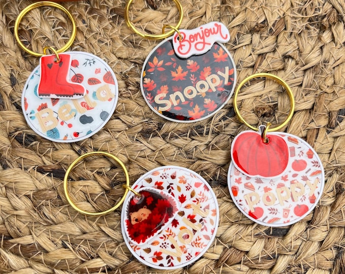 Featured listing image: Personalized Autumn Dog Tag | Dog Name | Resin & Plastic Tag | Matching Charm | Dog Collar Accessory