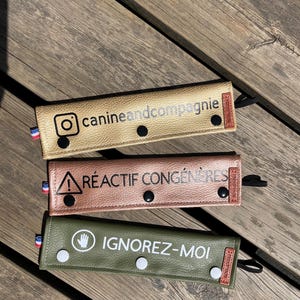 Peut inclure: Trois manchons de laisse rectangulaires en doré, cuivre et vert olive. Chaque manchon comporte des boutons-pression noirs ou blancs, une petite étiquette drapeau français et une étiquette marron "handmade". Textes : "canineandcompagnie", "RÉACTIF CONGÉNÈRES", "IGNOREZ-MOI".