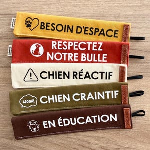 Puede incluir: Cinco fundas rectangulares de tela para correas de perro en amarillo, rojo, crema, verde oliva y marrón. Cada funda presenta un icono único y texto en francés: BESOIN D'ESPACE, RESPECTEZ NOTRE BULLE, CHIEN RÉACTIF, CHIEN CRAINTIF y EN ÉDUCATION.