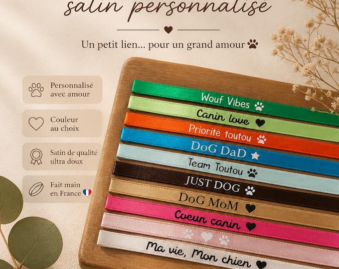Featured listing image: Personalized satin dog bracelet • Dog lover • Customizable text • Gift for dog lovers