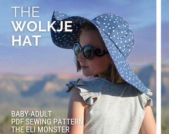 Patrón de costura en PDF para sombrero de sol Wolkje: ala ancha vintage, para bebés y adultos.