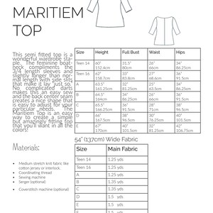 May include: A sewing pattern for a semi-fitted top called the Maritiem Top. The pattern includes instructions and measurements for sizes Teen 14 through H. The pattern is for a top with 3/4 length sleeves and a boat neck.