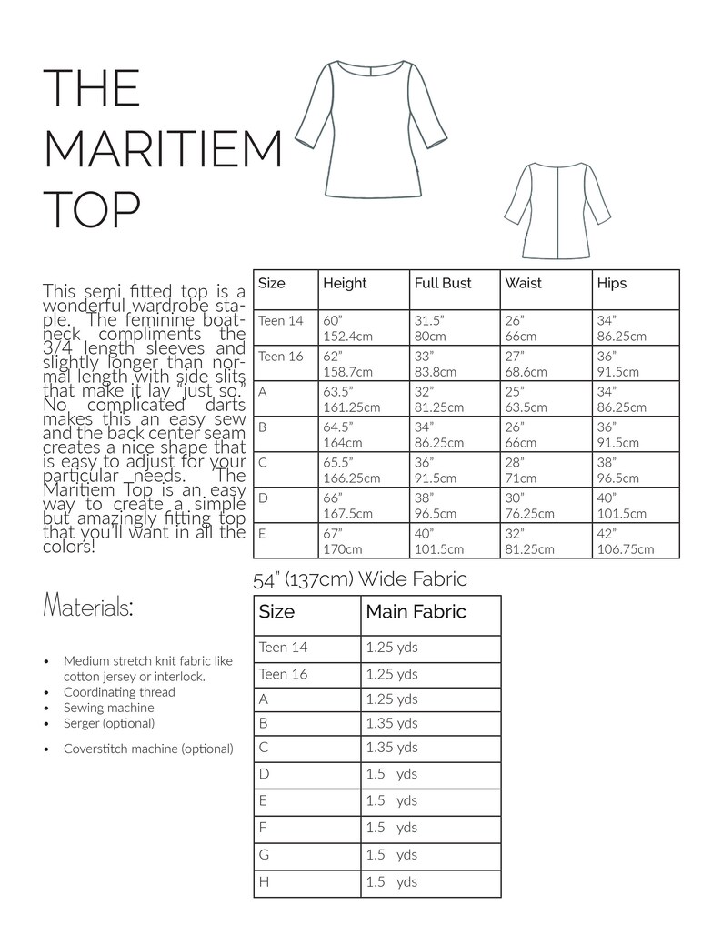 May include: A sewing pattern for a semi-fitted top called the Maritiem Top. The pattern includes instructions and measurements for sizes Teen 14 through H. The pattern is for a top with 3/4 length sleeves and a boat neck.