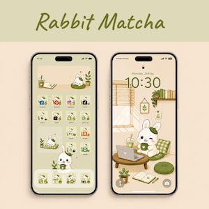 May include: Two smartphones displaying a Rabbit Matcha theme with a light green and cream color palette. The screens feature custom app icons, a lock screen with a cartoon rabbit drinking tea, and a home screen with a grid of themed icons.