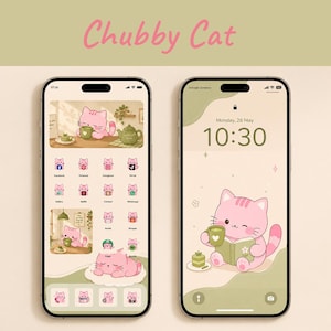 May include: Two smartphones displaying a digital theme titled Chubby Cat. The screens feature a pink cat illustration, green accents, and custom app icons. The lock screen shows a pink cat reading a book with a green mug, while the home screen displays organized app icons and widgets with the same cat motif.
