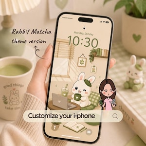 May include: A smartphone displaying a digital wallpaper with a cartoon rabbit sitting at a desk with a laptop and a drink. The screen shows the time 10:30, the date Monday, 26 May, and the text Customize your i-phone at the bottom of the display.