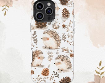 Capa de celular fofa com ouriço segurando pinhas e flores para iPhone 16, 15, 14, 13, 12, 11, 8 Plus, Pro Max, MagSafe, Galaxy S24, S23, S22 Plus Ultra