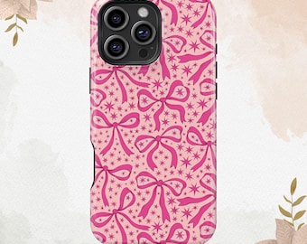 Pink Bow Ribbon iPhone Case iPhone 16 15 14 13 12 11 XS XR 8 7 Plus Pro Max Tough MagSafe Case Samsung S25 S24 S23 S22 S21 FE Ultra Cover