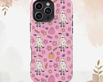 Funda para teléfono con flores rosas y caramelos fantasma para iPhone 16, 15, 14, 13, 12, 11, XS, 8, 7 Plus, Pro Max, resistente, MagSafe, Samsung S25, S24, S23, S22 Ultra
