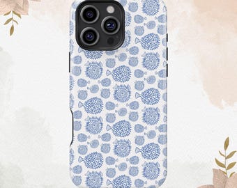 Blue Cute Puffer Fish Fish Bubble Design For iPhone 16 15 14 13 12 11 XS Plus Pro Max Tough MagSafe Galaxy S25 S24 S23 S22 Ultra Phone Cover