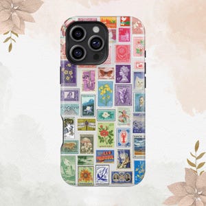 Estuche para teléfono con sellos de mosaico de arte vintage, hermoso estuche para regalo de postal de viaje para iPhone 16, 15, 14, 13, 12 Pro Max, MagSafe, Galaxy S25, S24 y S23.