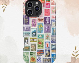 Estuche para teléfono con sellos de mosaico de arte vintage, hermoso estuche para regalo de postal de viaje para iPhone 16, 15, 14, 13, 12 Pro Max, MagSafe, Galaxy S25, S24 y S23.