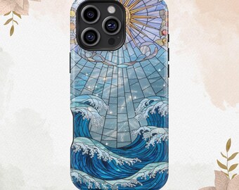 Stained Glass Effect Ocean Phone Case Sun And Waves Art Für iPhone 16 15 14 13 12 11 Plus Pro Max MagSafe Galaxy S25 S24 S23 Ultra Case