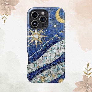 May include: A blue mosaic phone case featuring a celestial design. The case has a sun, moon, and star pattern with gold accents. The mosaic is made of small, irregular pieces, creating a textured appearance. The case has a glossy finish.