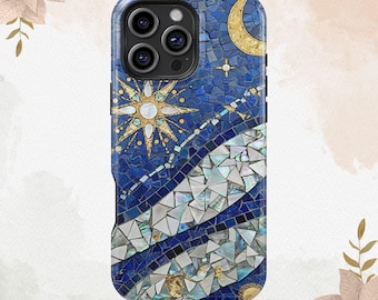 Custodia vintage in vetro artistico con tarocchi del sole e della luna per iPhone 16, 15, 14, 13, 12, 11, XR, 8 Plus, Pro Max, MagSafe, Galaxy S25, S24, S23 Ultra.