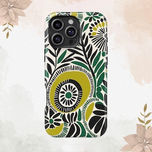 May include: A phone case with a vibrant floral design. The case features a cream background with black, green, and chartreuse-colored botanical patterns. The design includes stylized leaves, flowers, and geometric shapes, creating a modern, artistic look.