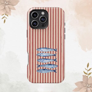 May include: A phone case with a red and cream striped pattern. The case features a stack of five blue watercolor fish. The case has a black camera module and black side buttons.
