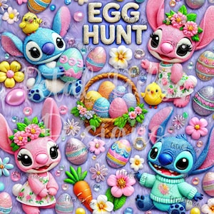 May include: A purple background with a basket of colorful Easter eggs, flowers, and three cartoon characters. The characters are Stitch, a blue alien with big eyes, and two pink alien characters with big eyes and flowers in their hair. The text "EGG HUNT" is written in white letters on a purple background.