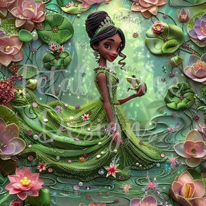 Fichier sans couture de broderie 3D princesse et grenouille / modèle sans couture d'étang de nénuphars / impression florale magique sans couture / tissu papier numérique sublima