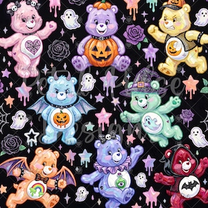 May include: A repeating pattern on a black background featuring various colorful cartoon bears in Halloween costumes, including pumpkins, bat wings, witch hats, and ghost motifs, interspersed with small ghosts, stars, and dark roses.