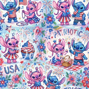 May include: A patriotic pattern featuring cartoon characters in red, white, and blue outfits, celebrating with fireworks, cupcakes, and flags. The word "PATRIOTIC" and "USA" are visible in the design, along with floral and star elements.