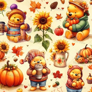 Fall Thanksgiving bear seamless pattern/ Autumn pumpkin sunflower seamless print/ Harvest latte acorn Digital Paper sublimation