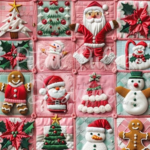 pink embroidery Christmas patchwork seamless print/ gingerbread men marshmallow seamless pattern/ santa snowman winter digital paper file