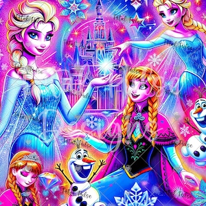 May include: A vibrant digital illustration featuring two blonde characters in blue gowns, a character with braided hair in a pink and blue outfit, and two snowmen. A large castle stands in the center against a bright pink and blue background.