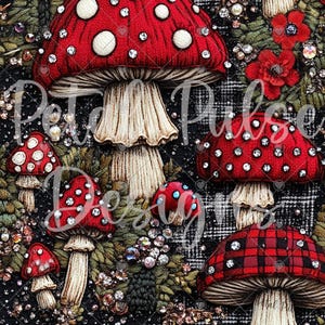Pode incluir: Uma ilustração detalhada de cogumelos vermelhos com manchas brancas e enfeites de cristal. Os cogumelos são colocados em um fundo de folhagem verde, pérolas e um padrão xadrez preto e branco. O texto "Pete Pulse Designs" está sobreposto.