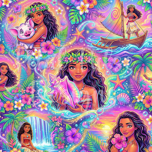 Op de afbeelding: Een levendig digitaal patroon met een jong persoon met lang donker haar en een bloemenkrans, omringd door tropische hibiscusbloemen, palmbomen, zeesterren, schelpen, een klein varken en een houten zeilboot op een kleurrijke neon oceaanachtergrond.