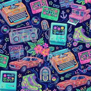May include: A dark blue pattern featuring neon-colored illustrations of typewriters, cassette tapes, instant cameras, boomboxes, roller skates, jukeboxes, muscle cars, and computers displaying the text HELLO, accented with hibiscus flowers and stars.
