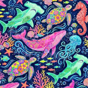 Puede incluir: Un vibrante patrón submarino que presenta un tiburón martillo verde claro, una ballena rosa con motivos florales, una tortuga marina colorida, un caballito de mar rojo, una medusa azul, estrellas de mar, conchas y coral sobre fondo azul oscuro.