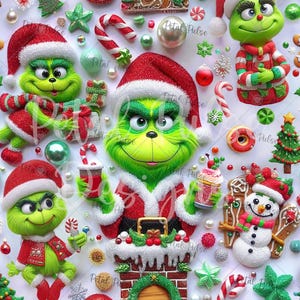 May include: A festive Christmas-themed design featuring multiple green characters wearing Santa hats and red coats. The image includes candy canes, ornaments, and a gingerbread snowman, creating a cheerful holiday scene. The characters are holding drinks and are surrounded by Christmas decorations.