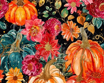 Preppy Pumpkin Floral seamless pattern/  Fall Autumn Seamless file/ Thanksgiving Harvest flower seamless print/ watercolor digital paper