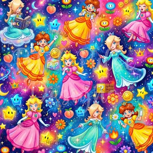 Könnte beinhalten: Ein lebhaftes digitales Muster mit mehreren Illustrationen von Prinzessin Peach, Prinzessin Daisy und Rosalina vor einem farbenfrohen kosmischen Hintergrund voller gelber Sterne, Pfirsiche, Blumen, Goldmünzen und schwebender Fragezeichenblöcke.