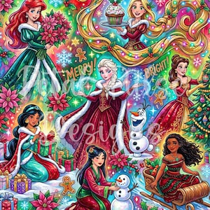 May include: A vibrant digital illustration featuring multiple animated characters in holiday attire, including a woman with red hair holding poinsettias, a woman with long blonde hair holding a cupcake, and a woman in a red dress decorating a tree.